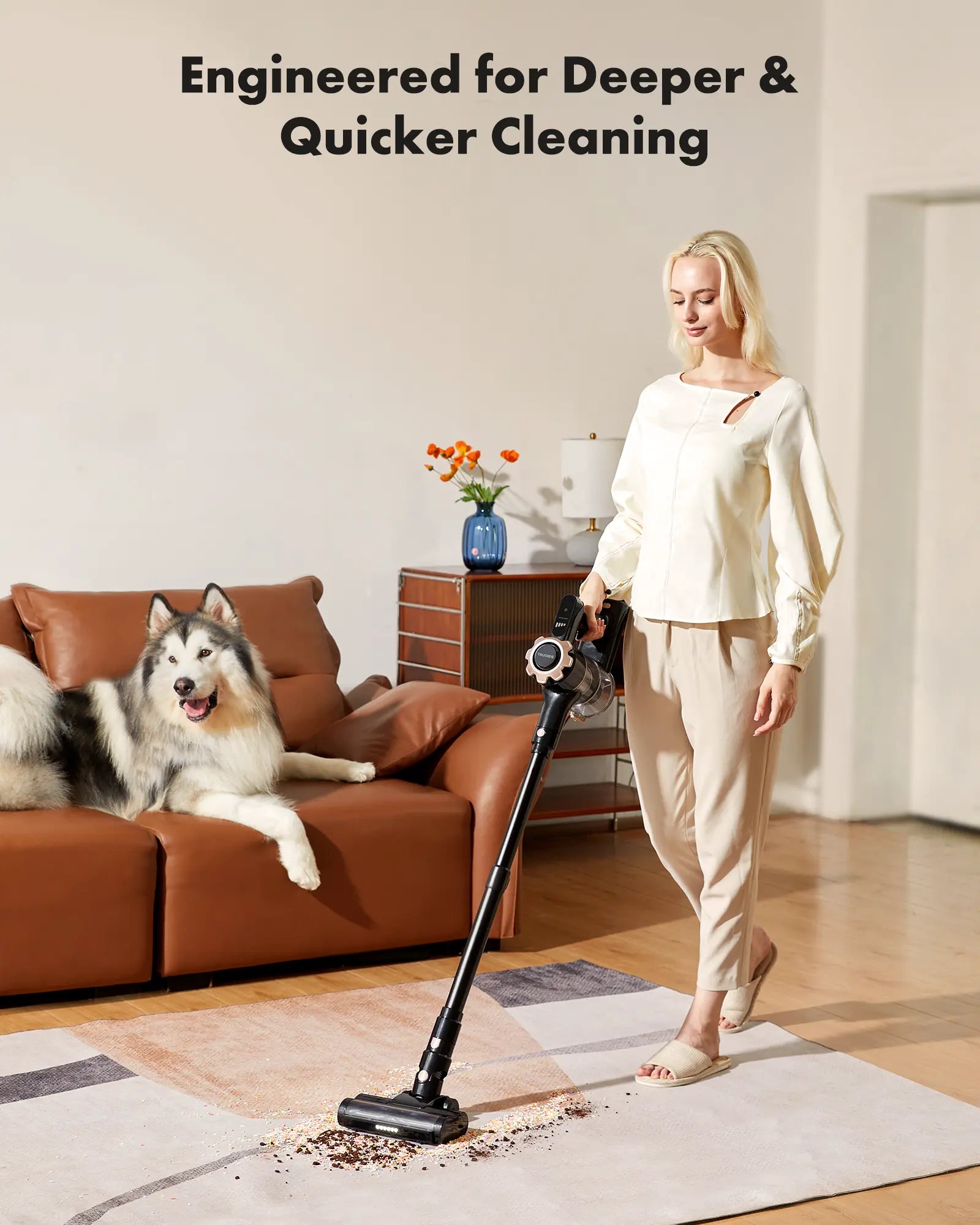 【 2026 Newly Upgraded】Trucozie T350 Cordless Vacuum Features an 8-In-1 Lightweight Design with up to 45 Minutes of Runtime and 33Kpa of Powerful Suction. This Rechargeable Cordless Vacuum Is Ideal for Carpets, Tiles, Pet Hair, and Hardwood Floors.