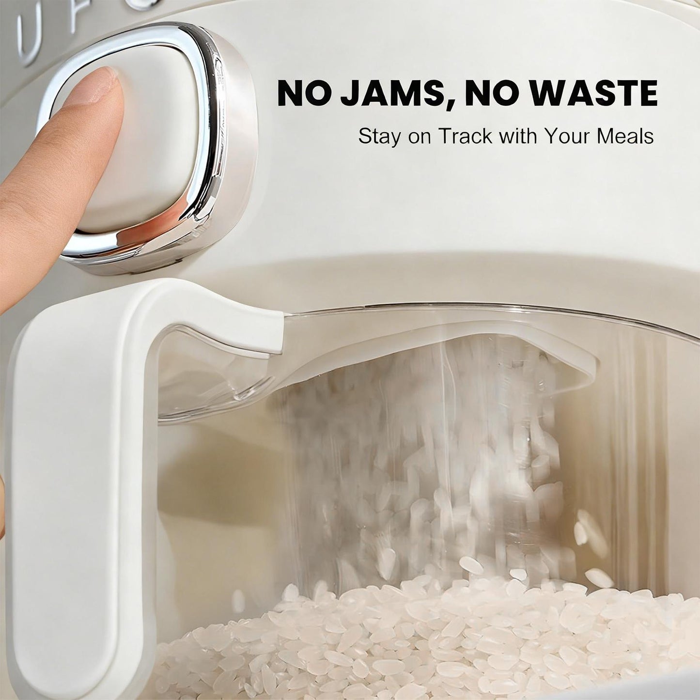 UFORU 22Lbs Rice Dispenser Airtight Food Storage Container for Rice Coffee Beans Cereals Bpa-Free Moisture Proof Kitchen Container Cream White Desiccants Utensils Large Capacity One-Touch Dispensing