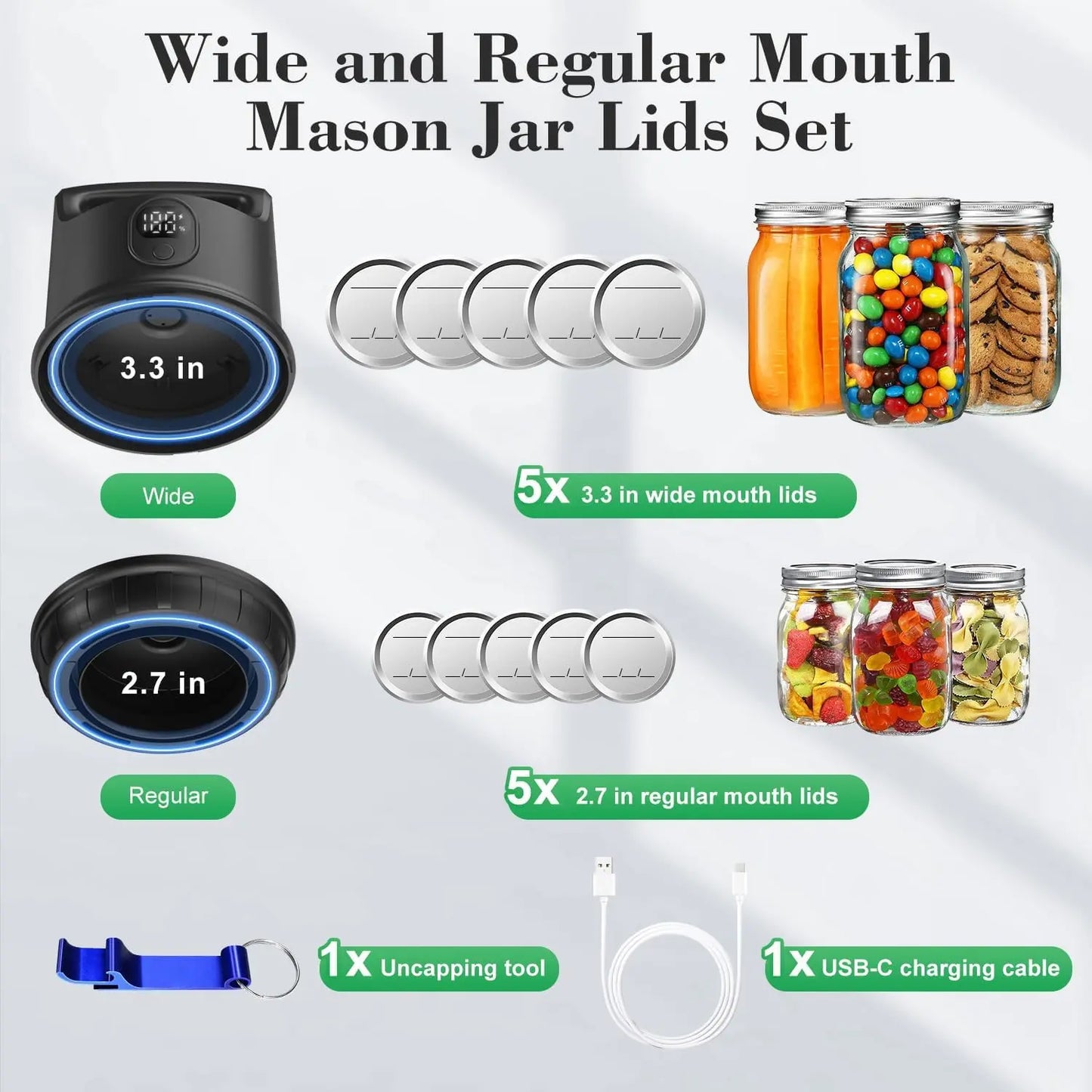 Coobiiya Mason Jar Vacuum Sealer with Ergonomic Handle Cordless 2000Mah Battery Dual Smart Mode for Wide & Regular Mouth Jars Portable & Durable Appliance