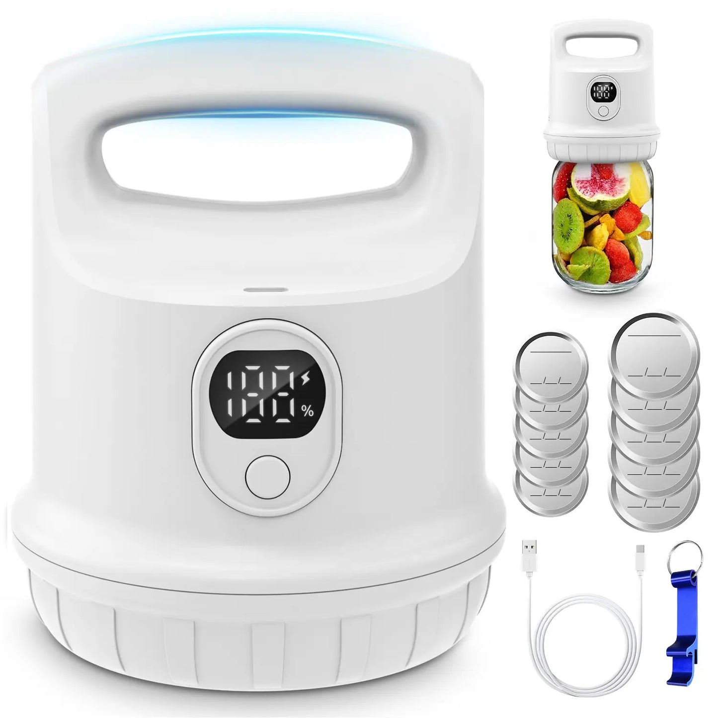 Coobiiya Mason Jar Vacuum Sealer with Ergonomic Handle Cordless 2000Mah Battery Dual Smart Mode for Wide & Regular Mouth Jars Portable & Durable Appliance