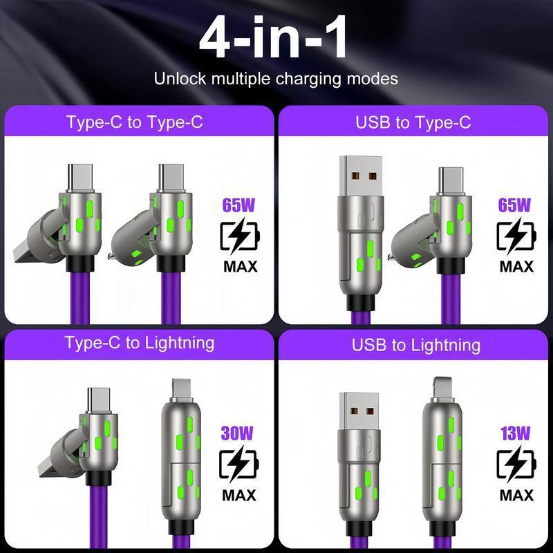 6.6FT 4-In-1 USB-C Cable, PD Fast Charging, Data Sync, EXAVON USB-A, Type-C, Lightning, Aluminum, Compatible