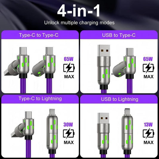 6.6FT 4-In-1 USB-C Cable, PD Fast Charging, Data Sync, EXAVON USB-A, Type-C, Lightning, Aluminum, Compatible