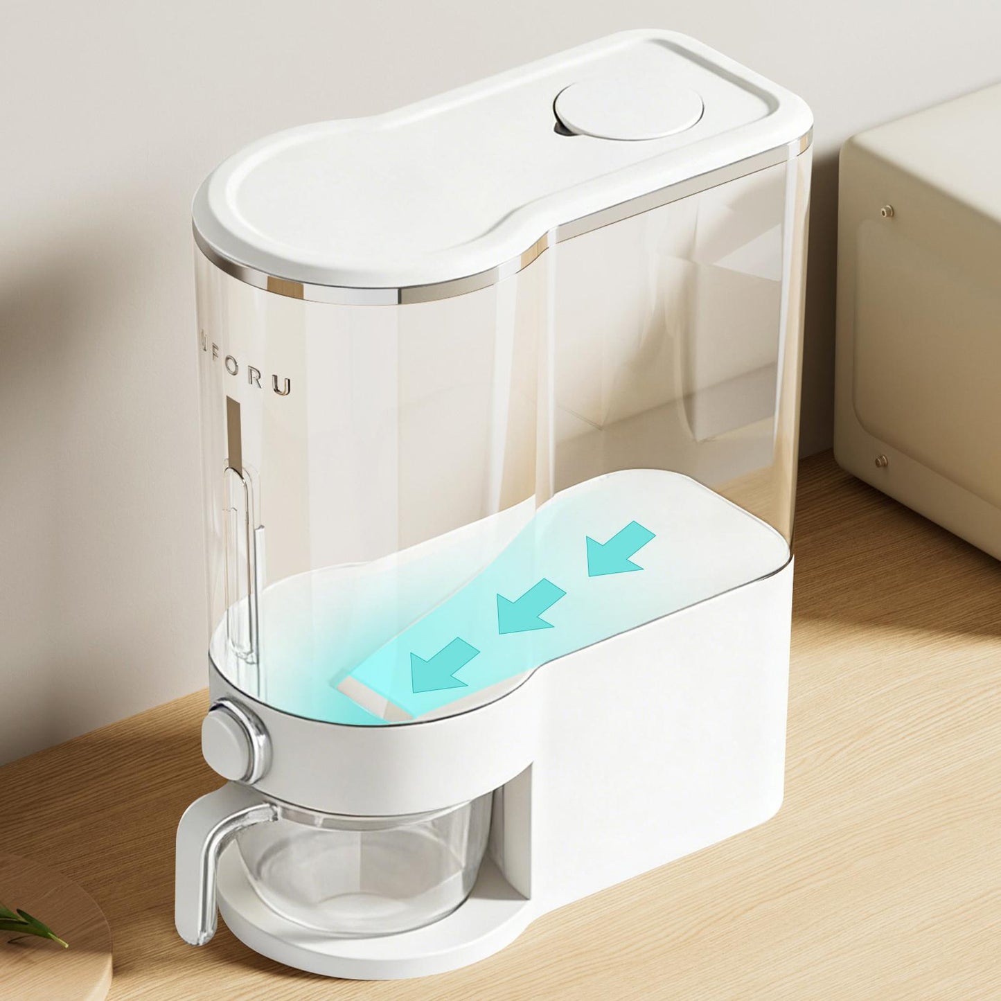 UFORU 22Lbs Rice Dispenser Airtight Food Storage Container for Rice Coffee Beans Cereals Bpa-Free Moisture Proof Kitchen Container Cream White Desiccants Utensils Large Capacity One-Touch Dispensing