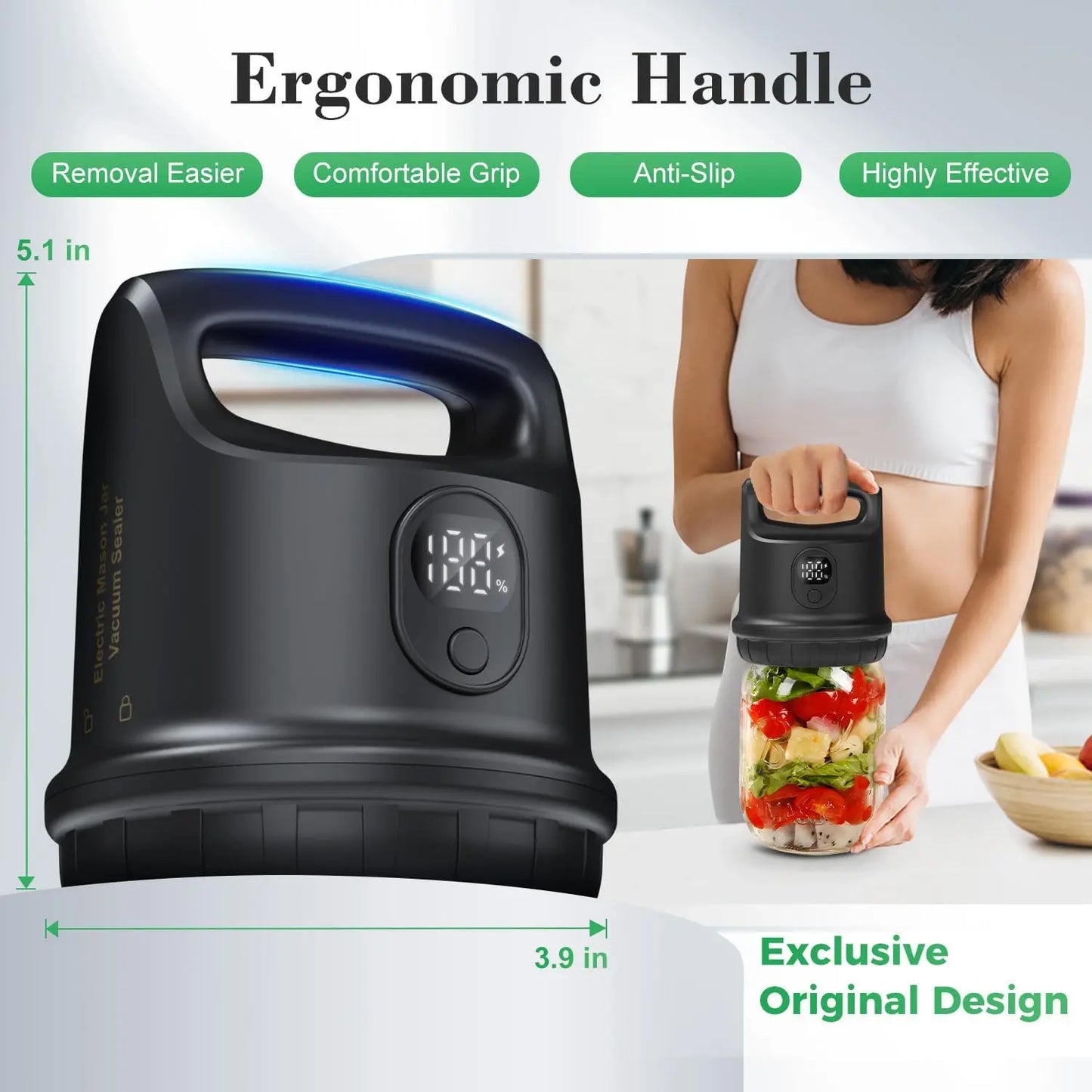 Coobiiya Mason Jar Vacuum Sealer with Ergonomic Handle Cordless 2000Mah Battery Dual Smart Mode for Wide & Regular Mouth Jars Portable & Durable Appliance