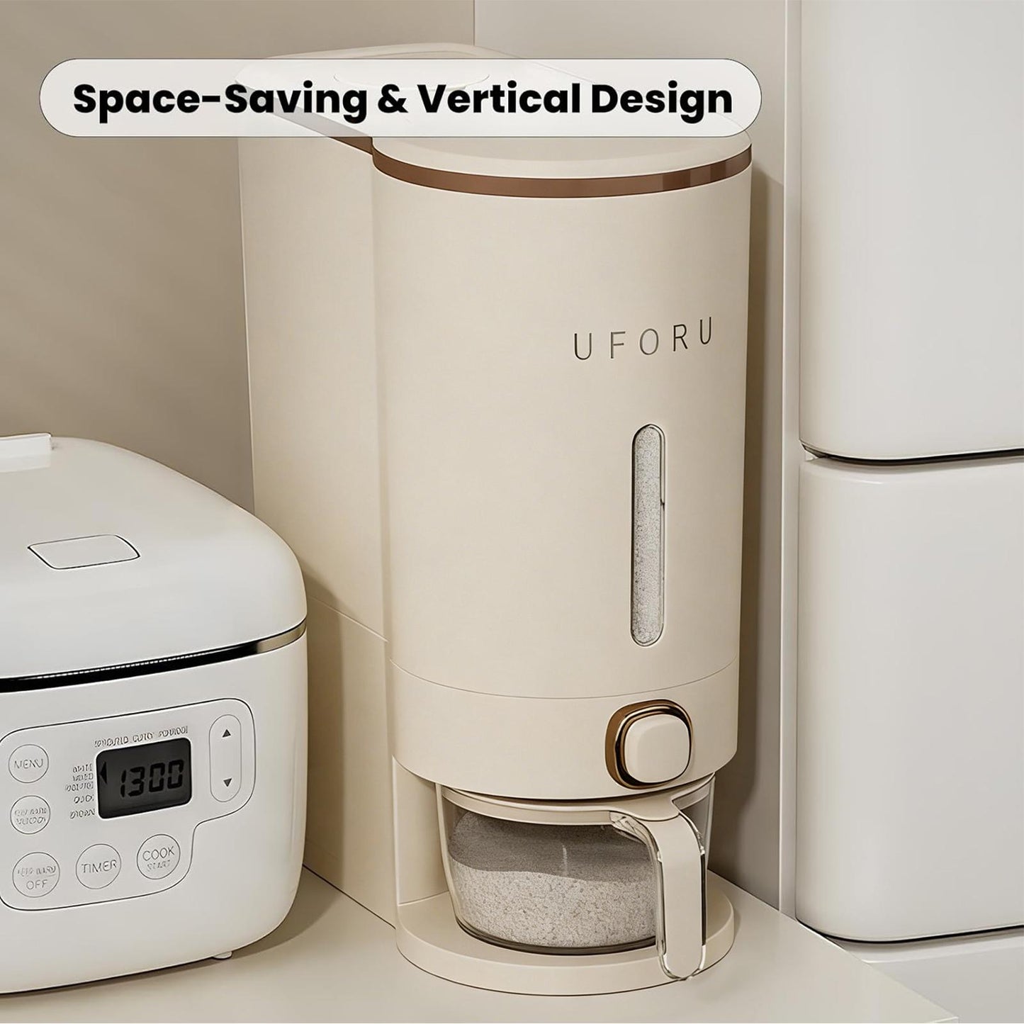 UFORU 22Lbs Rice Dispenser Airtight Food Storage Container for Rice Coffee Beans Cereals Bpa-Free Moisture Proof Kitchen Container Cream White Desiccants Utensils Large Capacity One-Touch Dispensing