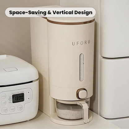 UFORU 22Lbs Rice Dispenser Airtight Food Storage Container for Rice Coffee Beans Cereals Bpa-Free Moisture Proof Kitchen Container Cream White Desiccants Utensils Large Capacity One-Touch Dispensing